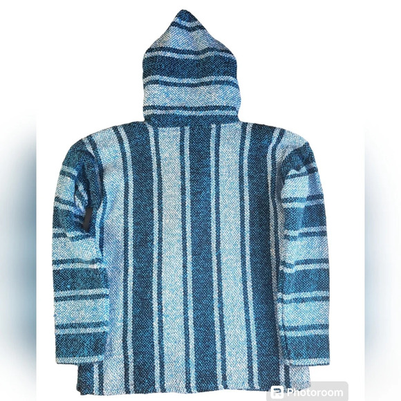 Art-Maz Baja Hoodie Unisex Small Blue Stripes Drug Rug Mexican Poncho Hippie - Picture 6 of 9